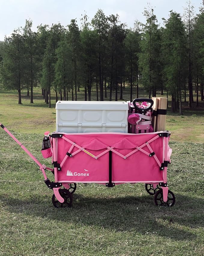 Gonex 38''L Extra Long Collapsible Foldable Wagon Cart with 360lbs Weight Capacity, 220L Folding Utility Garden Cart with Detachable Wheels for Grocery Sports Shopping Camping - Pink