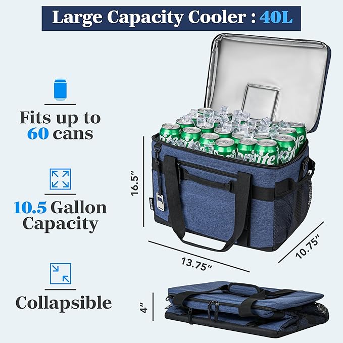 OPUX Cooler Bag, 60 Cans Insulated Soft Collapsible Portable Cooler, Soft Sided Leakproof Cooler for Beach Camping with Shoulder Strap, Ice Chest for Travel Road Trip Picnic, Navy Blue