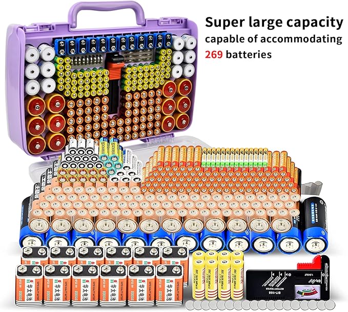 Battery Organizer Storage Holder Box Case with Tester- 269 Batteries Double-Sided Variety Pack, Holds AA AAA 4A C D Cell 9V 3V Lithium LR44 CR2 CR123 CR1632 18650 Button- Purple (Box Only)