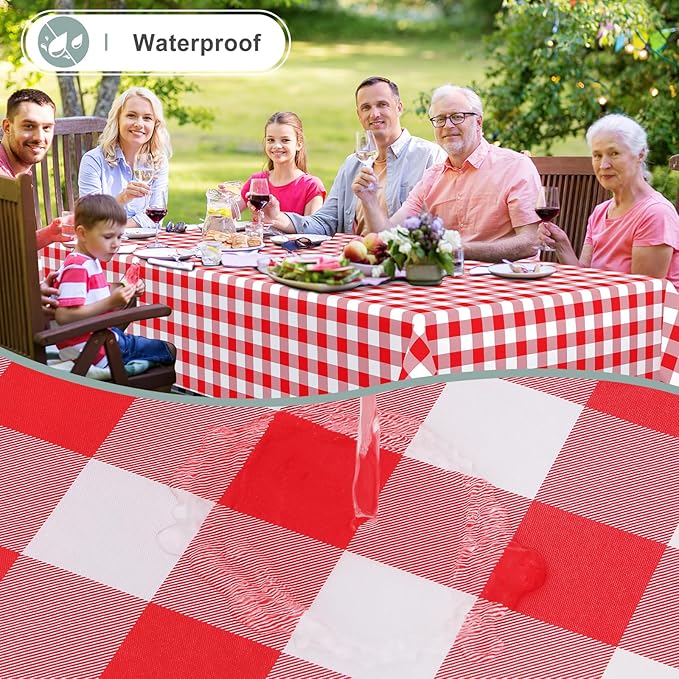 misaya Rectangle Waterproof Vinyl Table Cloth, Buffalo Flannel Backed Tablecloth, Wipeable Plastic Table Cover for Dinner, Kitchen, Outdoor (60" x 144", Red and White)