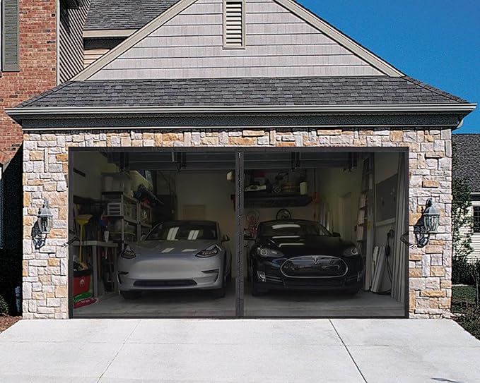 Garage Door Screen for 2 Car Garage 16x7 FT - Magnetic Retractable Fiberglass Mesh 16x7ft & Heavy Duty Weighted Bottom, Include Screws & Repair Patches - Easy Assembly for Patio Workshop Gym