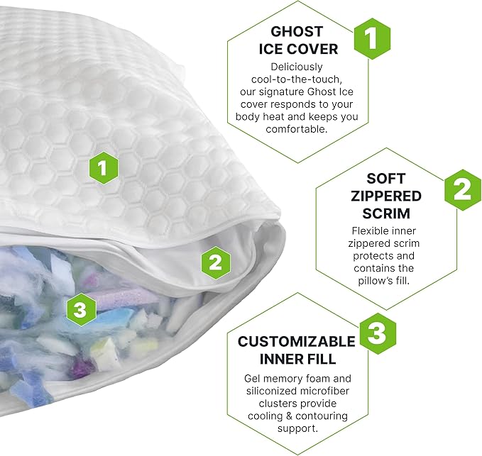 GhostBed Shredded Memory Foam Pillow with Adjustable Gel Memory Foam and Cooling Breathable Cover - Queen Size Shredded Memory Foam Pillows CertiPUR-US Certified 1-Pack