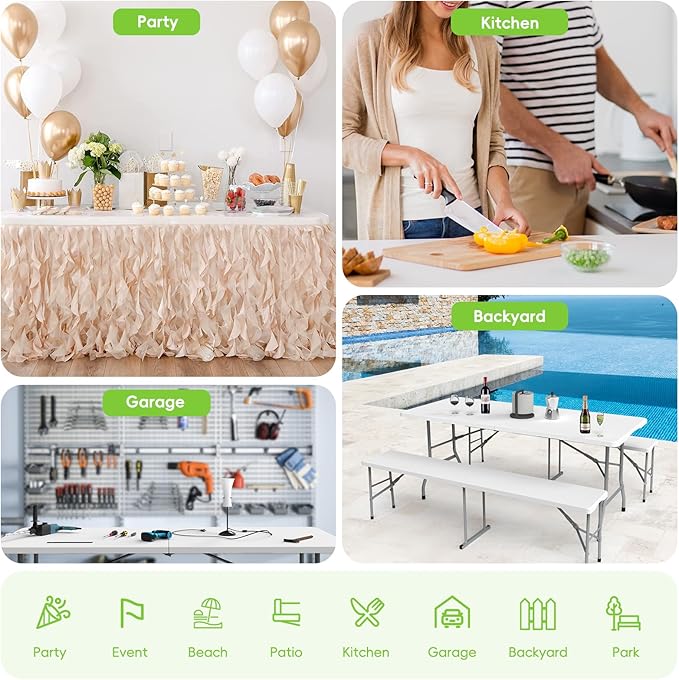 HLPB 6ft Folding Table with Handle & Safety Locks - Portable Picnic & Camping Table, Indoor/Outdoor Dining & Work Table for Weddings & Parties Plastic Construction