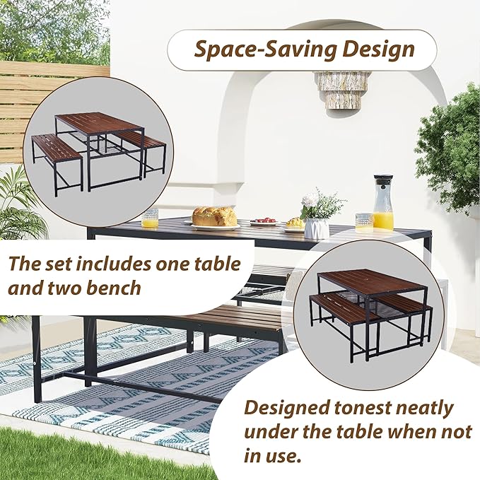 55'' Outdoor Picnic Table and Bench Set with 2" Umbrella Hole and Storage Shelf, Patio Dining Set for 6 People, Outdoor Dining Table and Chair for Garden Yard Porch- Brown