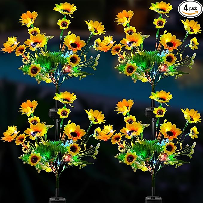 4 Pack Solar Garden Lights Outdoor, Colorful LED Waterproof Solar Powered Sunflowers Landscape Lights for Outside Yard, Patio, Pathway Decorative, Décor, Gifts, Two Lighting Modes