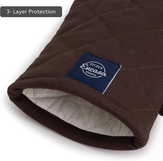Encasa XO Heat Resistant Cotton Oven Gloves Mitts (2 Pc Set) - Quilted & Safe 12x6.6 in - for Kitchen, Cooking & Baking, Grilling, Handling Hot Pots & Pans - Dark Taupe & Beige