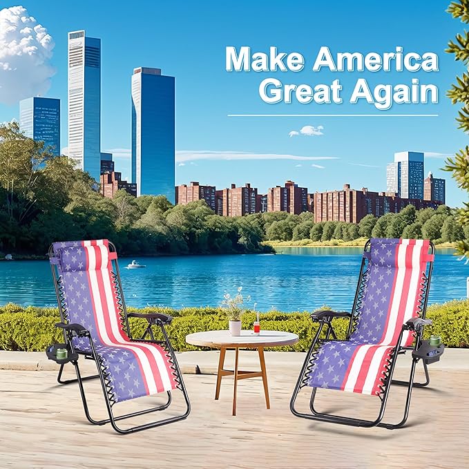 Northroad Set of 2 Zero Gravity Lounge Chairs Adjustable Steel Mesh Relaxing Recliners Outdoor Folding Patio Lawn Chair w/Pillows & Cup Holder Trays - American Flag