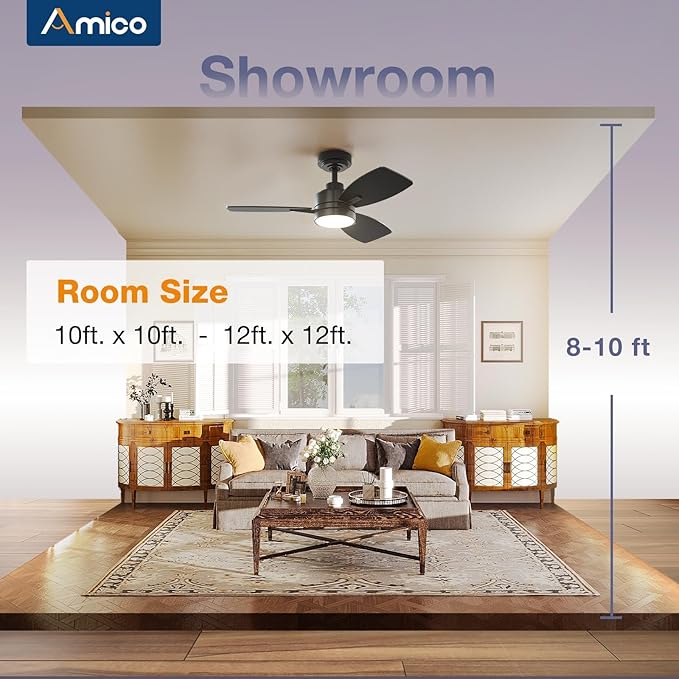 Amico Ceiling Fans with Lights, 36 inch Black Ceiling Fan with Light and Remote Control, Reversible, 3CCT, Dimmable, Noiseless, Small Ceiling Fan for Bedroom, Farmhouse, Indoor/Outdoor Use