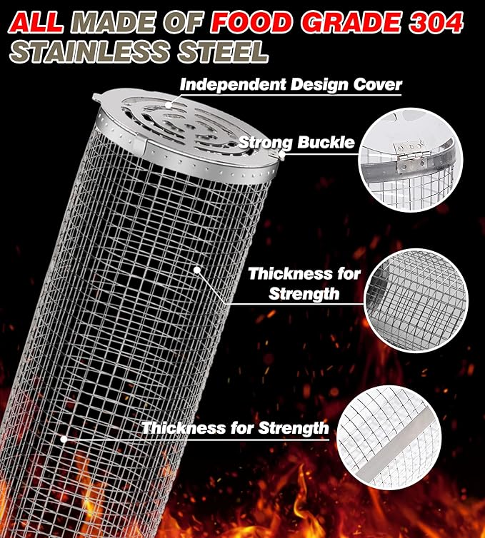 Rolling Grilling Baskets for Outdoor Grill Bbq Net Tube Stainless Steel Large Round Mesh Rotation Barbecue Cylinder Cage Cooking Accessories for Veggies Vegetable Fish Meat Food Camping, Gift for Men