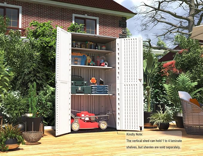 HOMSPARK Storage Shed Weather Resistance, Multi-Purpose Outdoor Storage Cabinet Waterproof, Outdoor Storage Cabinet for Garbage Cans, Lawnmower, Garden Accessories (White, Tall shed-53 cu ft)
