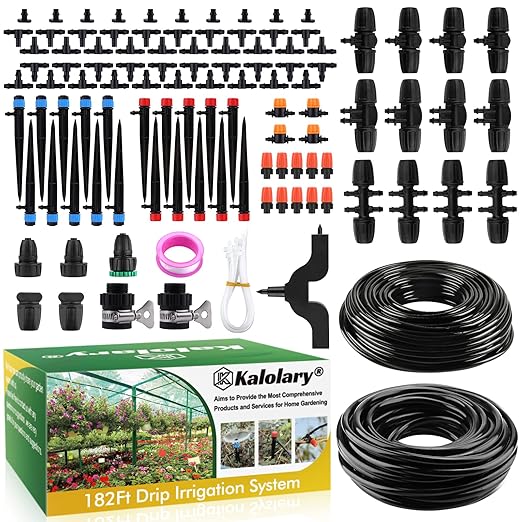 182FT Automatic Drip Irrigation Kit, Kalolary Garden Watering System with 1/4" 5/16" Distribution Tube Micro Patio Misting Equipment Adjustable Nozzle Sprinkler Emitters Barbed Fittings for Greenhouse