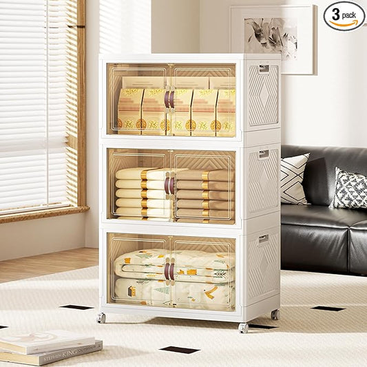 400 QT / 100 Gal Collapsible Storage Bins with Wheels & Magnetic Doors - Stackable Plastic Cabinet Organizer for Home, Garage, Closet (White Space-Saving Containers)