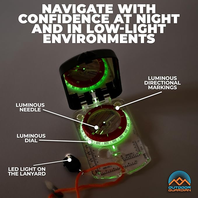 Pathfinder Sighting Compass - Precise Navigation, Hiking and Orienteering Mirror Compass with Luminous Bezel, Adjustable Declination, Clinometer, LED and Survival Whistle, Scout Gifts