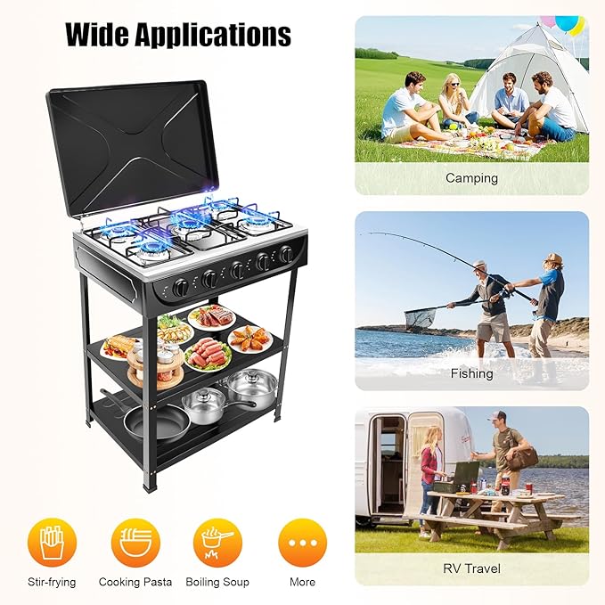 5 Burners Natural Gas Stove with Placement Boards, Portable Camping Stove with Non-Slip Bottom Feet, Propane Gas Stove for Camping Outdoor Cooking Tailgating, Black