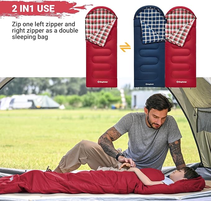 KingCamp 45° F Kids Sleeping Bag, Lightweight Waterproof & Compact Flannel Sleeping Bags Cold Weather & Warm Youth Essentials Gear Accessories for Camping, Fits 10-12 Children up to 5'5" Tall