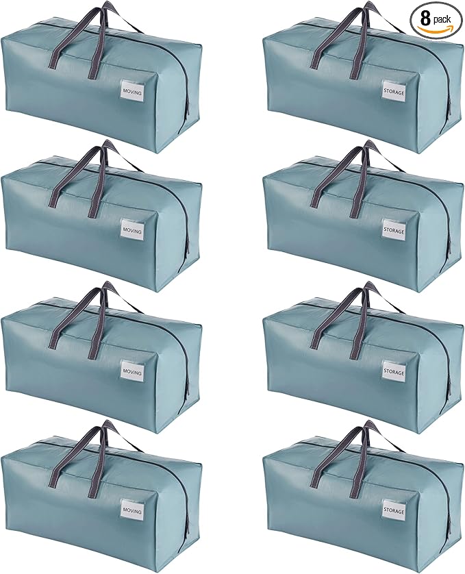VENO 8 Pack Moving Bags w/Backpack Straps, Heavy Duty, Moving Boxes Alternative, Packing Supplies, Large Storage Totes for Dorm Room Essentials with Zipper for Clothes (Shiny Light Blue, 8 Pack)