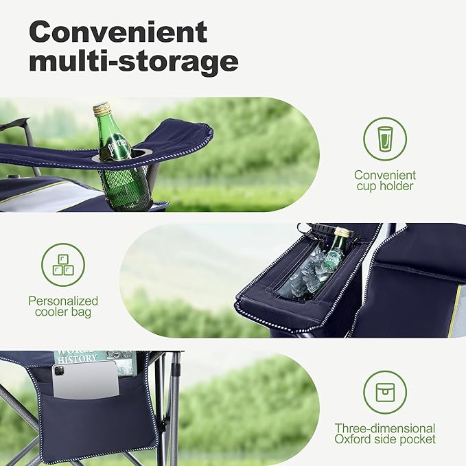 LET'S CAMP Oversized Folding Camping Chair Portable Outdoor Heavy Duty Padded Chairs Lawn Chair with Cup Holder, Storage Pocket and Cooler Bag, Supports 450LBS, for Camp, Travel, Picnic (Blue)