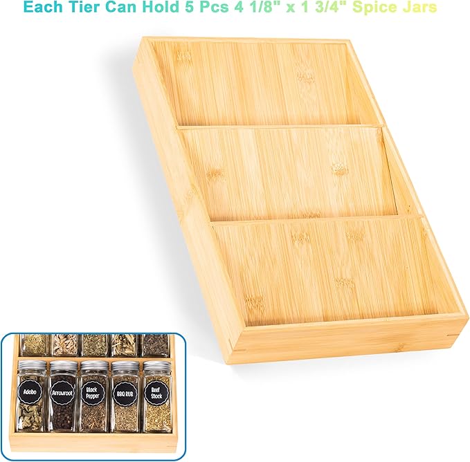 Bamboo Spice Rack Organizer for Drawer 3 Tier Bamboo Spice Tray Cabinet for Kitchen Storage and Organizer (Pre-Measure Your Drawer)(1 Pack, Drawer)