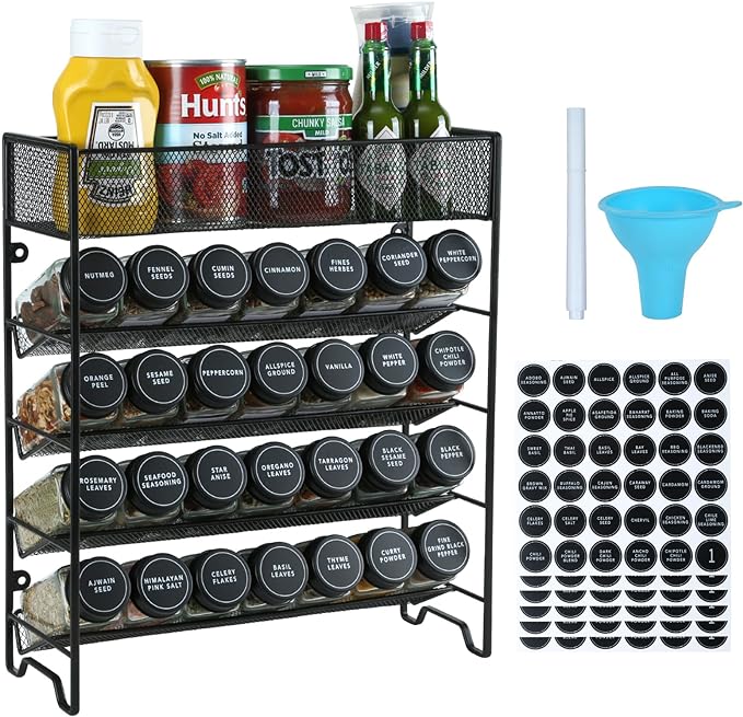 Spice Rack Organizer with 28 Spice Jars, Black Lids，Spice Labels, Chalk pen and Funnel Set for Cabinet, Countertop, Pantry, Cupboard or Wall Mount