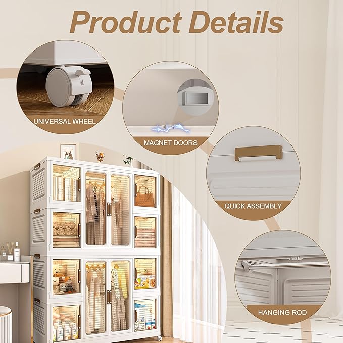 Portable Wardrobe Closet Storage Organizer for Clothes, Plastic Collapsible Closet Organizer with Magnetic Transparent Door, for Living Room Bedroom,Easy Assemble,8 Cubes & 2 Hanging Rod