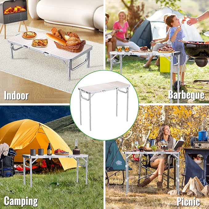 GARLLEN Folding Table for Camping, 3-Adjustable Height Lightweight Folding Picnic Table with Storage Bag, Portable Aluminum Outdoor Table for Outside, Camping, BBQ, 34.2" L x 15.7" W