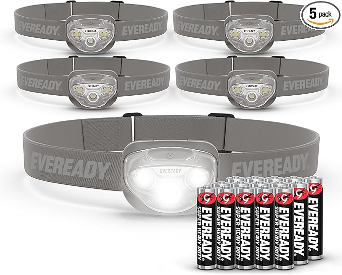 EVEREADY LED Headlamps Pro200 [5-Pack], IPX4 Water Resistant, Bright and Durable Head Lights for Camping, Hiking, Emergency Power Outage (Batteries Included)