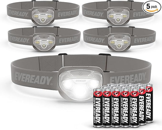 EVEREADY LED Headlamps Pro200 [5-Pack], IPX4 Water Resistant, Bright and Durable Head Lights for Camping, Hiking, Emergency Power Outage (Batteries Included)