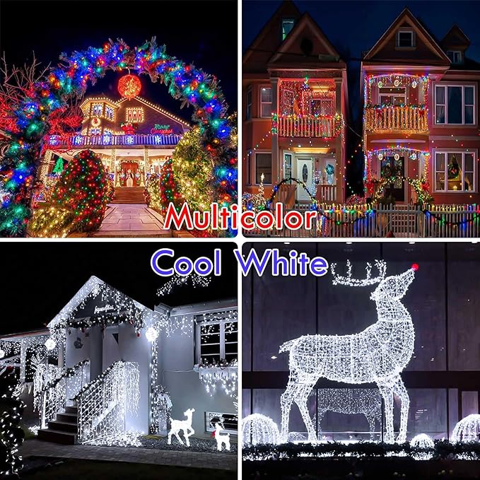Cool White to Multicolor Color Changing 100 LED 33FT Christmas String Lights for Outdoor Indoor, 11 Modes Christmas Tree Clear Wire Fairy Waterproof Lights with Memory Function & Remote & Timer