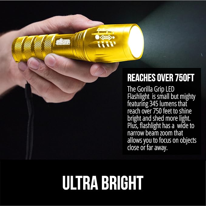 GORILLA GRIP Powerful LED Tactical Flashlight, 750 FT High Lumens 5 Adjustable Modes, Water Resistant, Ultra Bright Zoom Flashlights, Small Mini Flash Light, Camping, Night Dog Walking, Gold