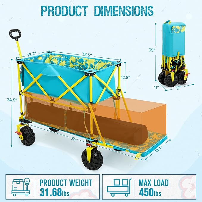 400L Collapsible Double Decker Beach Wagon with Brakes, Folding Beach Cart with 54" Extra Long Decker, 450LBS Heavy Duty Wagon Chart with All-Terrain Big Wheels for Sand Camping Garden