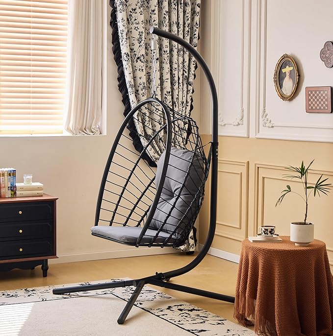 Indoor/Outdoor Egg Hanging Chair with Stand - Patio Wicker Swing Hammock Chair. 350lbs Capacity, Cushioned. Ideal for Bedroom, Balcony, Porch, Garden. Versatile Swing Chair for All Spaces