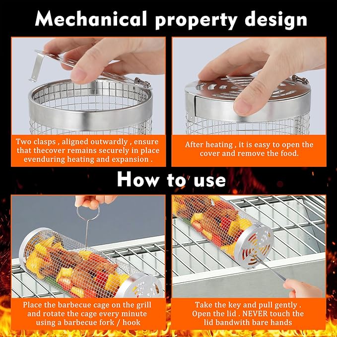 2 pcs Rolling Grilling Baskets for outdoor grilling, BBQ Stainless Steel Grill accessories set for Outdoor Grill, Grill Baskets Suitable for Vegetable,Fries,Fish, Shrimp, Grill BBQ Net Tube with Barbecue accessories