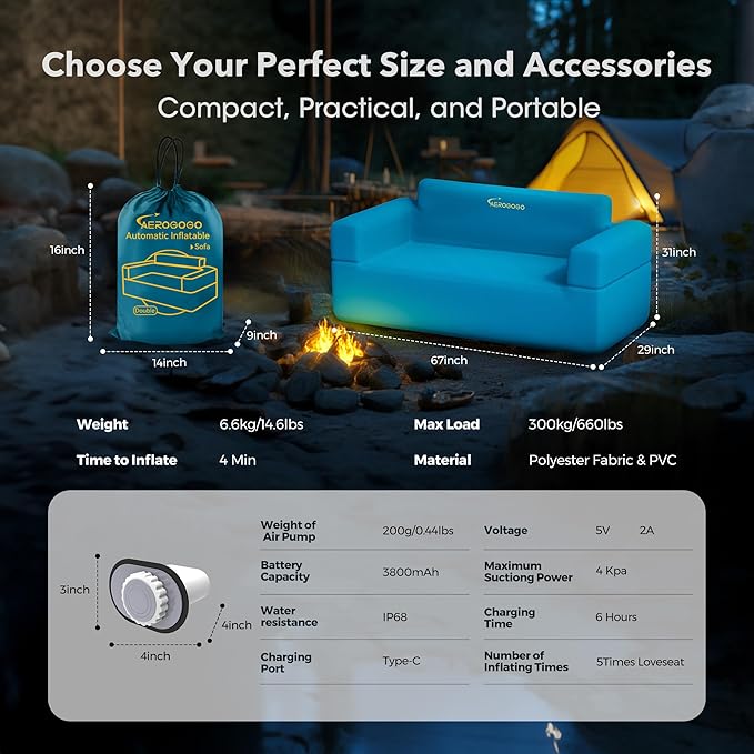 Inflatable Sofa Blow Up Sofa with Built-in Pump, Multifunctional Portable Air Couch for Camping, Inflatable Couch for Camping with Backrest Suitable for Home Outdoor and Guests (Blue)