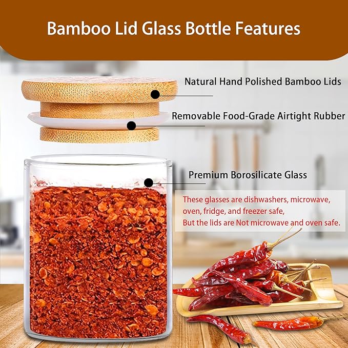 SLifeJars-Spice Jars with Label, 7.5 oz 20pcs Spice Containers Glass Jars with Bamboo Lids, Seasoning Containers Bottles,Airtight Empty Spice Jars for Spice Rack, Drawer,Cabinet,Pantry