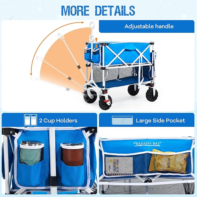 400L Collapsible Double Decker Beach Wagon with Brakes, Folding Beach Cart with 54" Extra Long Decker, 450LBS Heavy Duty Wagon Chart with All-Terrain Big Wheels for Sand Camping Garden