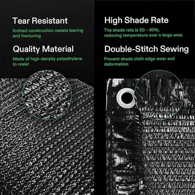 VIVOSUN Sunblock Shade Cloth, 50%-60% Shade Net, 6.5' x 10' Black Garden Shade Mesh with Grommets for Plant Covers, Swimming Pools, Patios, and Yards