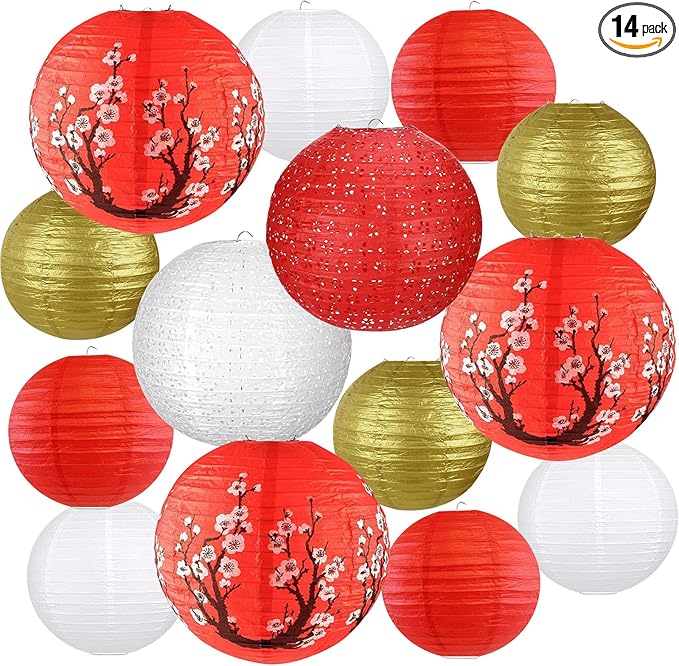 14Pcs Chinese Japanese Paper Lantern Assorted Sizes (8" 10" 12") Hanging Plum Blossom Red White Gold Chinese Lanterns for Chinese New Year Decorations, Lunar New Year, Spring Festival, Home Decor