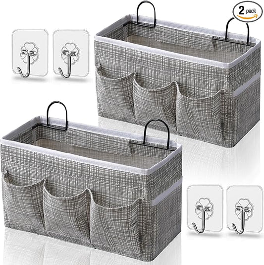 2pcs 3-pockets Large Wall Hanging Organizer Bag, Linen Fabric Door Hanging Storage Baskets with Pockets, Waterproof Bin for Kitchen, Bedroom, Office, RV Camper (Stripe_2pcs)