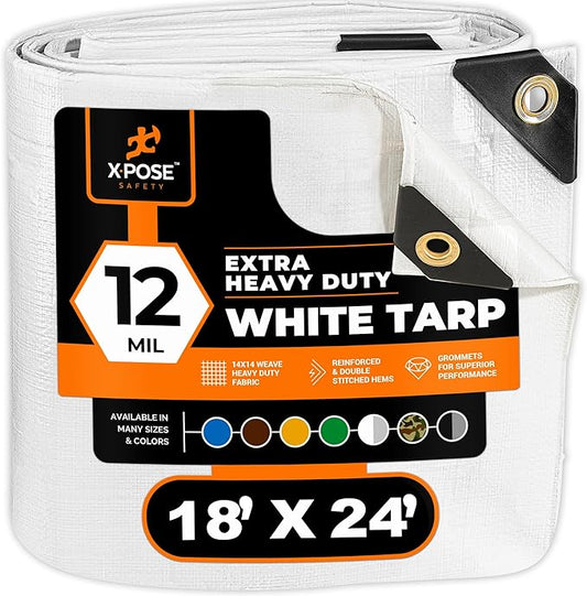 Heavy Duty White Poly Tarp 18' X 24' - Multipurpose Protective Cover - Durable, Waterproof, Weather Proof, Rip and Tear Resistant - Extra Thick 12 Mil Polyethylene - by Xpose Safety