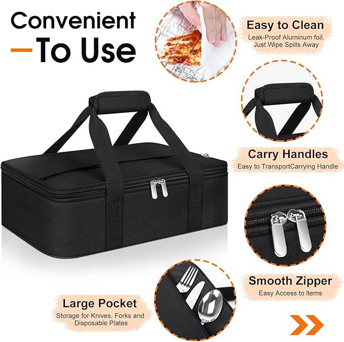 Insulated Casserole Carrier, Portable Casserole Carrier for Hot or Cold Food Lunch Tote Warmer or Cooler Bag, Lasagna Lunch Bag for Potluck Parties- Fits 9" x 13" Baking Dish-Black