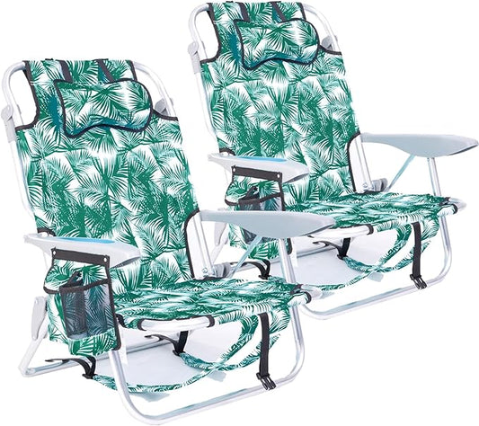 2 Pack Lightweight Portable Camping Beach Chair for Adults, Outdoor Lay Flat Folding Beach Chairs with 4 Positions, Backpack Beach Chair with Towel Bar, Cooler Pouch, Cup Holder, Green Leaves