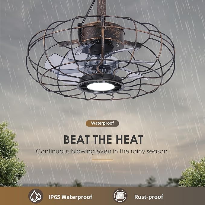 Outdoor Ceiling Fans with Light for Patios Gazebo, 15" Weatherproof Plug in Ceiling Fan, Gazebo Fan Remote, 3CCT Dimmable,Caged Ceiling Fan with Hanging Hook for Porch, Pergola,Canopy, Classical Black