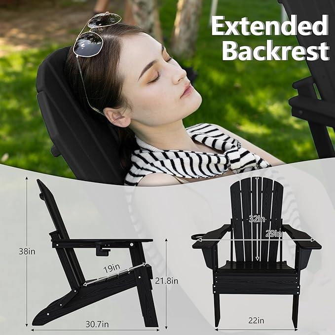 Folding Adirondack Chair Set of 4, Cup Holder，Wooden Textured ，Heavy All-Weather HDPE Comfortable Set Poolside Backyard Lawn Black