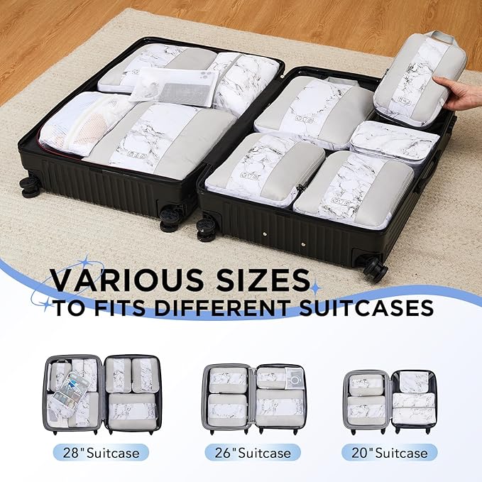 10 Set Compression Packing Cubes for Travel Essentials,Compressible Expandable Packing Cubes for Suitcase,OlarHike Luggage Organizer Bags for Travel,Handy Helper for Organizing Clothes(White Marble)