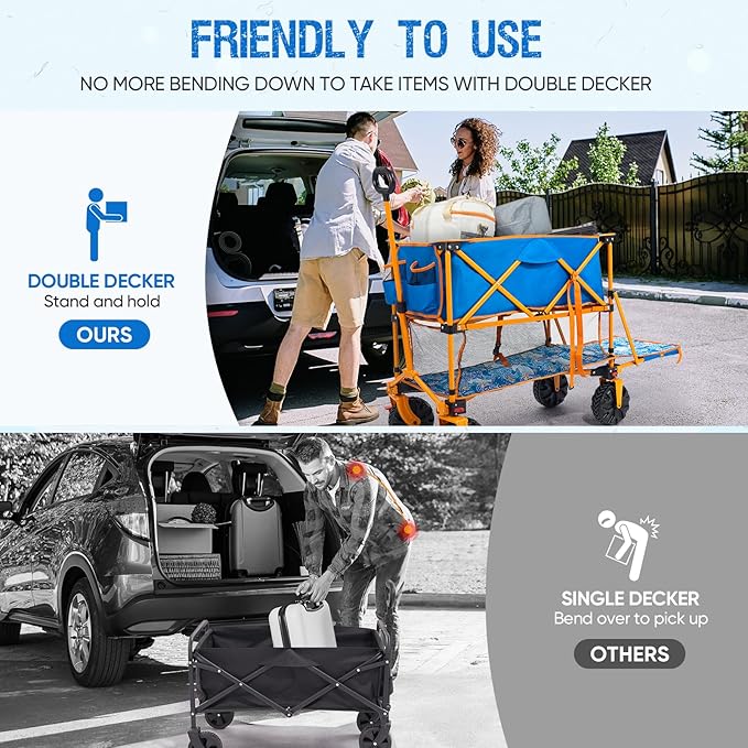 400L Collapsible Double Decker Beach Wagon with Brakes, Folding Beach Cart with 54" Extra Long Decker, 450LBS Heavy Duty Wagon Chart with All-Terrain Big Wheels for Sand Camping Garden