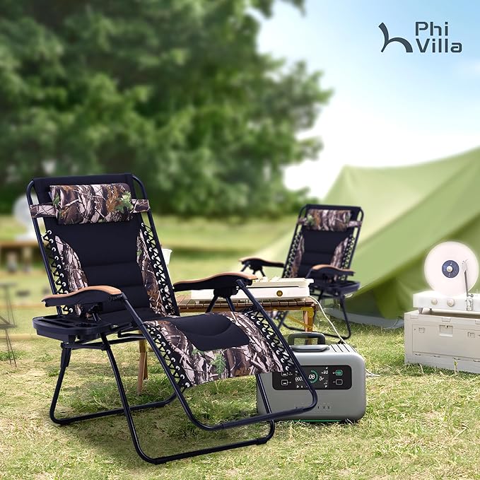 PHI VILLA XXL Oversized Padded Zero Gravity Chair, Foldable Patio Recliner, 30" Wide Seat Anti Gravity Lounger with Cup Holder, Set of 2, Support 400 LBS (Camouflage)