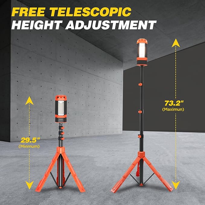 MENDED Portable Camping Light with Tripod Stand 73.2inch Rechargeable Cordless Work Light with 3 LED Lamp Heads for Outdoor Work, Power Outages, Fishing (Orange)