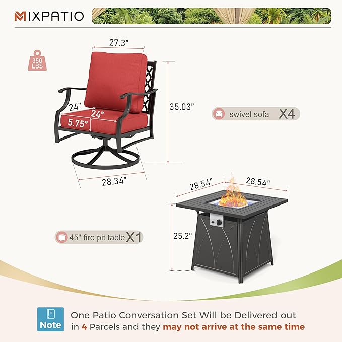 Patio Furniture Set with Fire Pit Table, 5 Pcs Metal Outdoor Conversation Set, 4 Swivel Chairs with 5.75" Extra Thick Cushion and 28" Fire Pit Table for Backyard Deck, Red