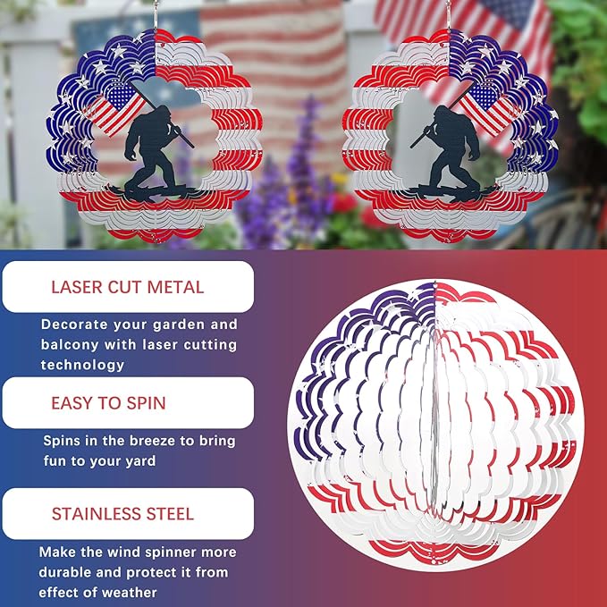 3D Patriotic Bigfoot Wind Spinner Decor - 12 Inch Metal Garden Art, Rust-Proof Outdoor Hanging Decorations, Patriotic American Flag Design, for Outdoor Lovers (Bigfoot)