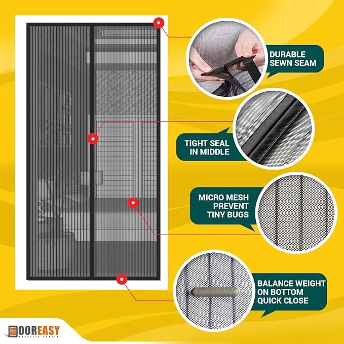 DOOREASY Magnetic Screen Door, Full Length Loop Sewn Polyester Mesh, Add-on Magnets and Weight Bars, Quick Close No Slightest Gap(Fits Doors Up to 34"x79")